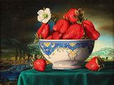 a painting of strawberries in a blue and white bowl on a table