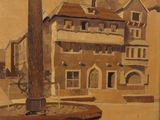 un tableau représentant un bâtiment avec une tour horloge devant