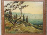 an oil painting of a tree on a hill overlooking a body of water