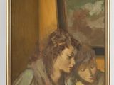 painting of a woman reading a book in front of a mirror