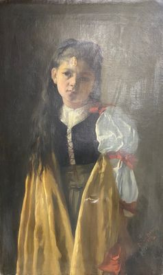 an oil painting of a young girl in a yellow dress