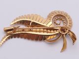 an image of a gold colored brooch with a feather on it