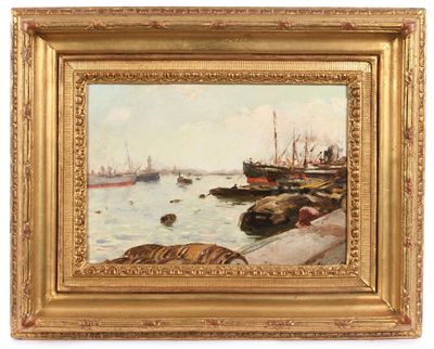 an oil painting of boats in the water near a pier
