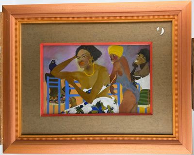 painting of a man and a woman sitting on a bench