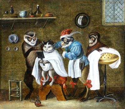 an image of a painting of a group of monkeys in a kitchen