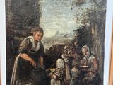 un vieux tableau représentant une femme avec un enfant et deux autres personnes