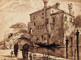 a drawing of a man and a woman standing in front of a building