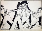 drawing of a cartoon of a man being held by a man in a military uniform