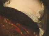 a painting of a woman in a red dress with a red shaw around her neck