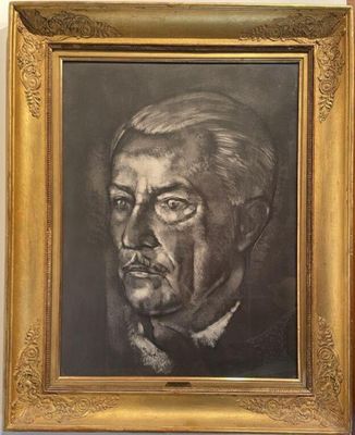 portrait of an old man with a cigarette in a gold frame