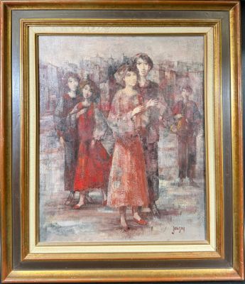 une peinture à l'huile représentant une femme en robe rouge debout devant une foule