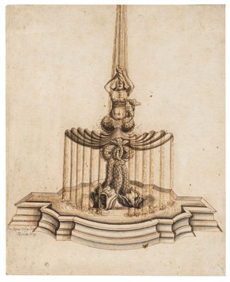 un dessin représentant une fontaine surmontée d'une statue