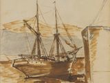 un vieux dessin représentant un bateau dans l'eau près d'un quai