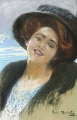 tableau représentant une femme portant un chapeau et une robe bleue