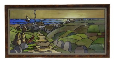 painting of a landscape with a church and a path in the foreground