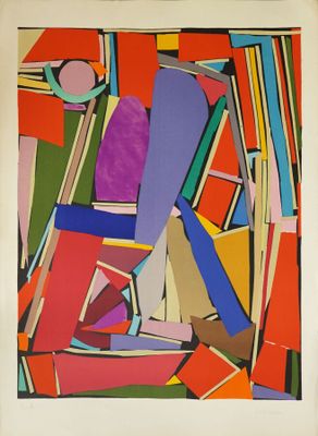 abstract painting of colorful shapes and lines on a white background