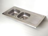a stainless steel sink with a drain and a drainer