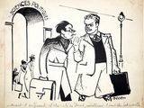 drawing of a man and a woman talking to each other in front of a building