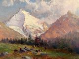 painting of a mountain scene with cows grazing in the foreground