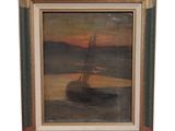 une peinture à l'huile représentant un voilier sur l'eau au coucher du soleil