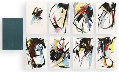 six abstract paintings of different colors and shapes on a white surface