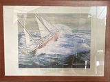 tableau représentant un navire en pleine mer agitée, dans un cadre en bois