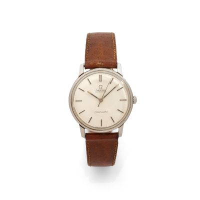 a gentleman ' s wrist watch with white dial and brown leather strap
