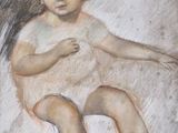 tableau représentant un bébé en robe blanche assis sur un lit