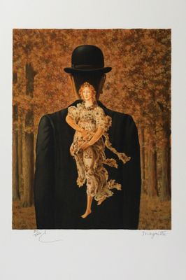 an image of a painting of a man in a hat holding a baby
