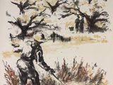 drawing of a man on a horse in a field with trees and a house in the background