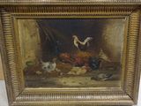 an old painting of chickens and chickens in a barn