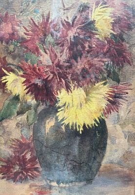 a painting of flowers in a vase on a table