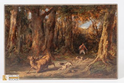 tableau représentant des cerfs et des chiens de chasse dans un décor boisé, avec un homme et un chien