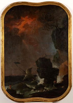 a painting of a boat in a storm on a rocky coast