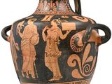 a black and red vase with a picture of a man and a woman on it