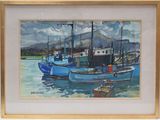 a painting of two boats in the water