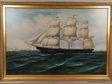 une peinture à l'huile représentant un voilier en pleine mer