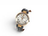 a close up of a watch on a white surface with a white background
