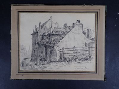 dessin représentant un vieux bâtiment avec un portail et une clôture