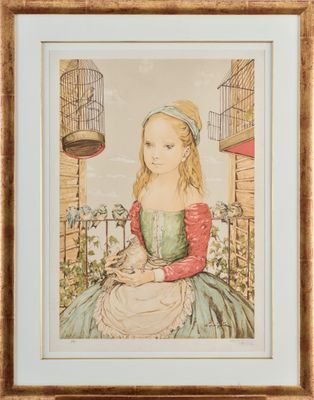 a painting of a young girl sitting on a balcony with a bird cage