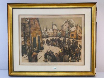tableau représentant une scène de rue avec une foule et une horloge