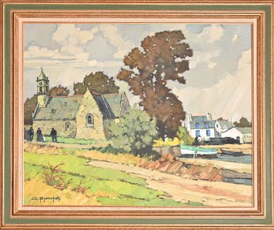 painting of a house and a boat on a river with a sky background