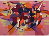 an image of a painting of a drum player on a pink background