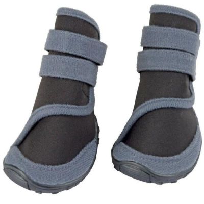 pair of gray and black dog boots on a white background