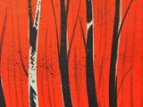 a painting of three people riding horses through a forest