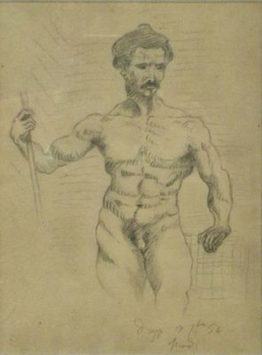 un vieux dessin représentant un homme tenant un bâton à la main