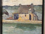 an image of a painting of a house by the water