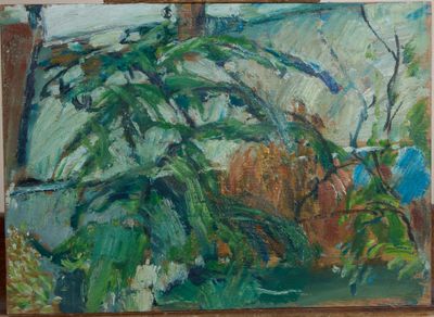 une peinture à l'huile représentant une plante verte sur un rebord de fenêtre