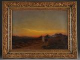 a painting of a man walking down a dirt road at sunset