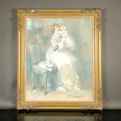an image of a painting of a woman in a white dress sitting on a chair